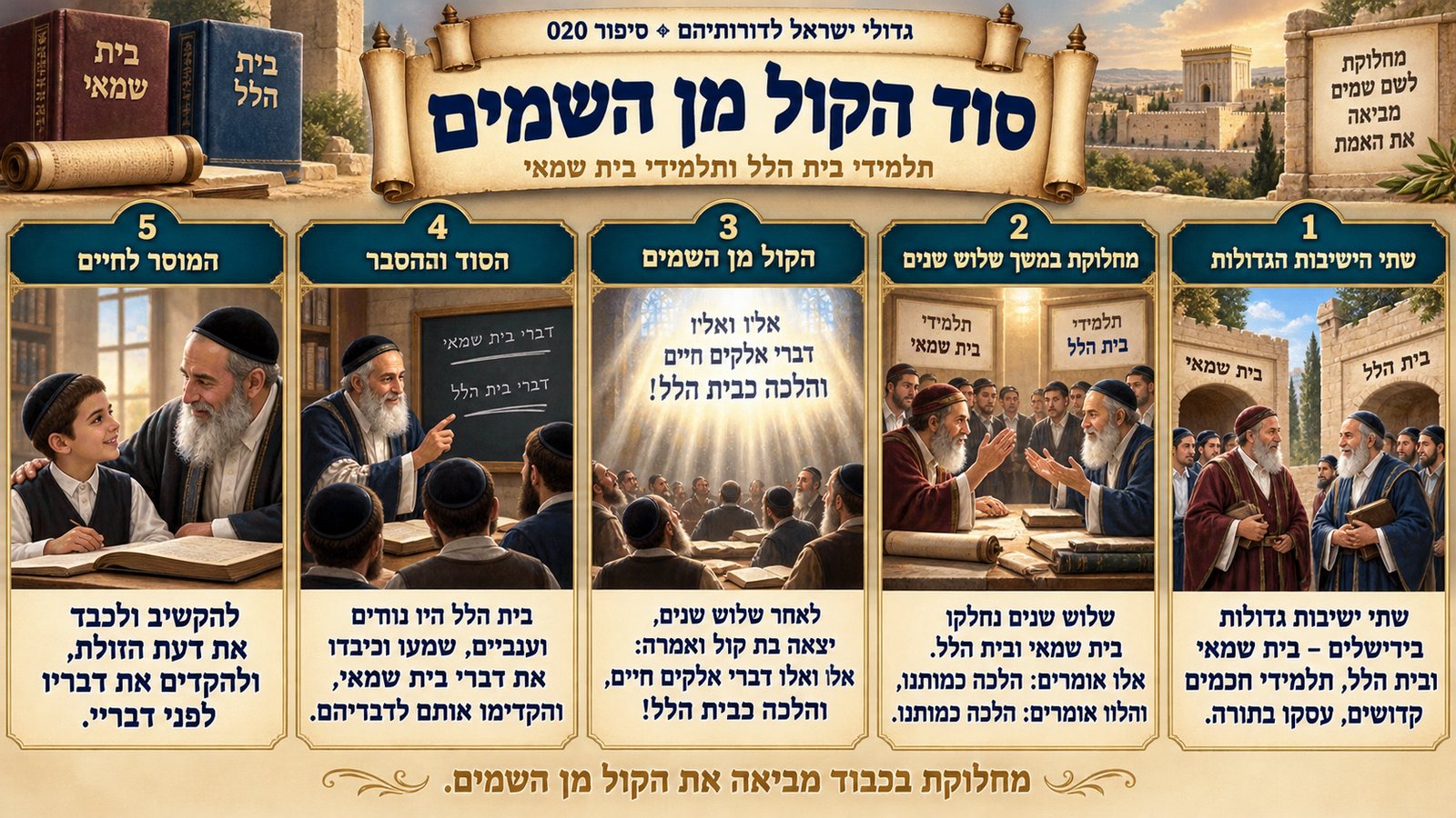 תמונת סיכום — תלמידי בית הלל ותלמידי בית שמאי: סוד הקול מן השמים